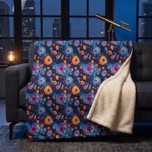 Birth of Celestial Life sherpa fleece blanket on a charcoal sofa in a night-time city loft with telescope