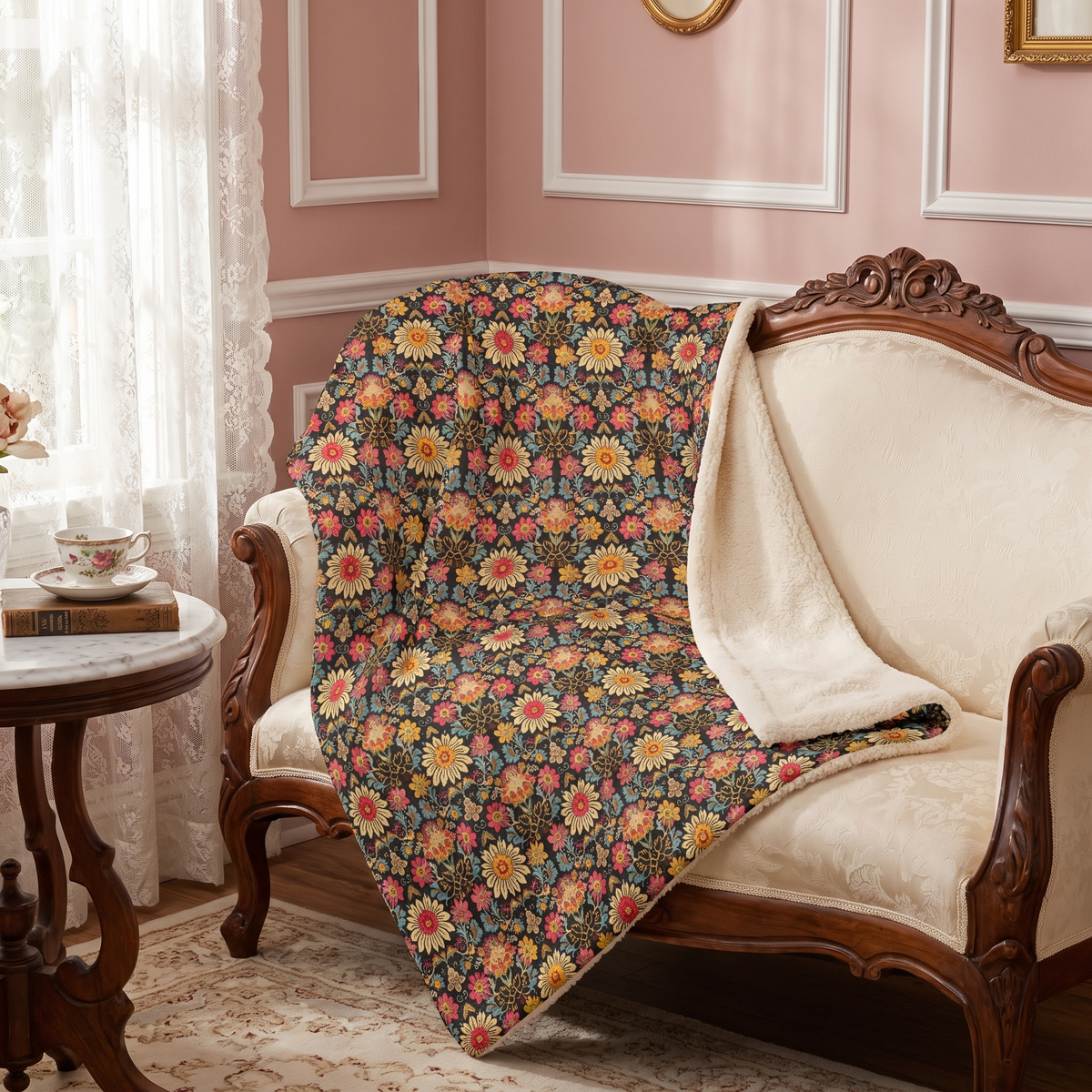 Victorian Vintage Vibes sherpa fleece blanket on a walnut settee in a Victorian parlor