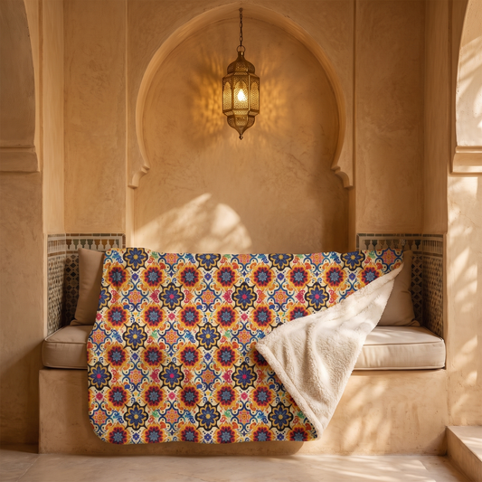 Moorish Mosaic Majesty sherpa fleece blanket on a cushioned bench in a riad-style alcove