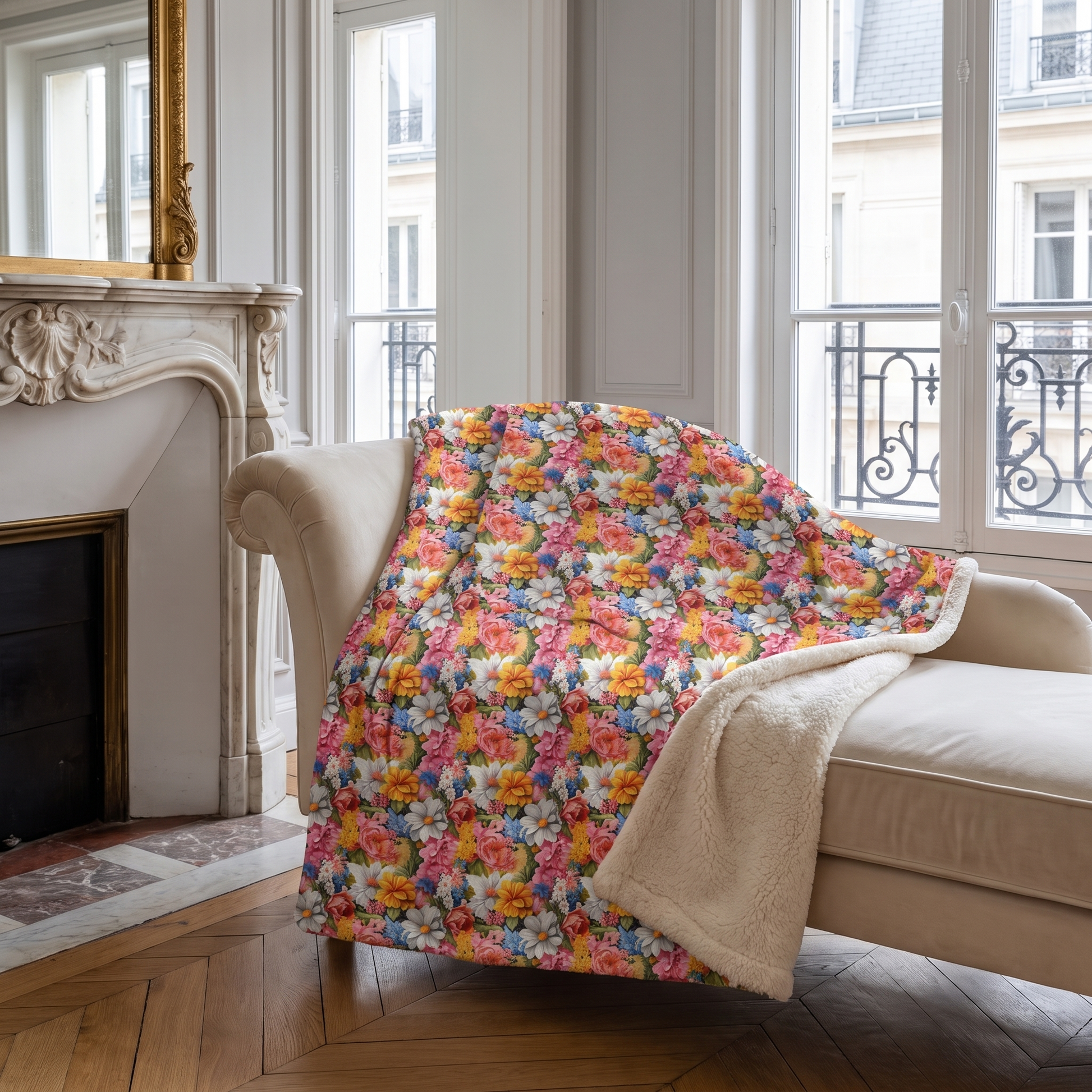 Chic Floral sherpa fleece blanket on a cream chaise in a Parisian apartment with marble fireplace