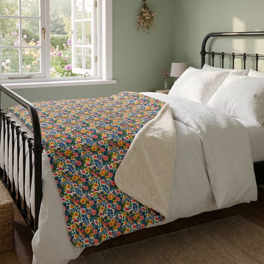 Blossom Bliss sherpa fleece blanket on a black iron bed in a cottage bedroom with garden view