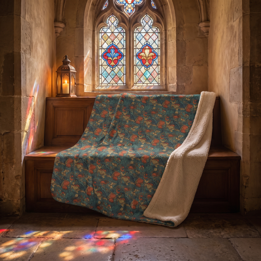 Bohemian Stained Glass Serenity sherpa fleece blanket on a window bench in jewel-toned stained-glass light