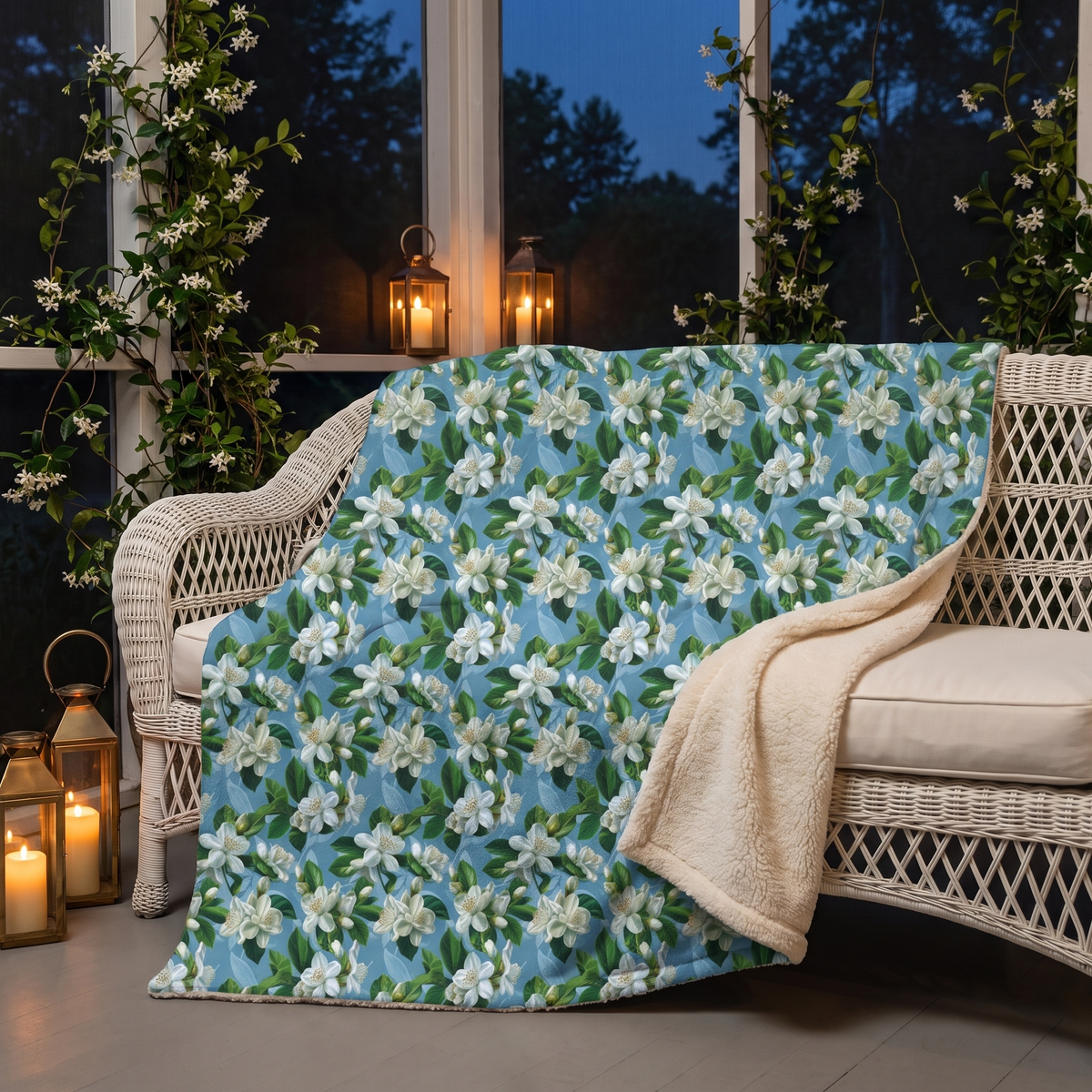 Jasmine Whisper sherpa fleece blanket on a white wicker daybed on a garden porch at dusk