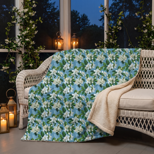 Jasmine Whisper sherpa fleece blanket on a white wicker daybed on a garden porch at dusk