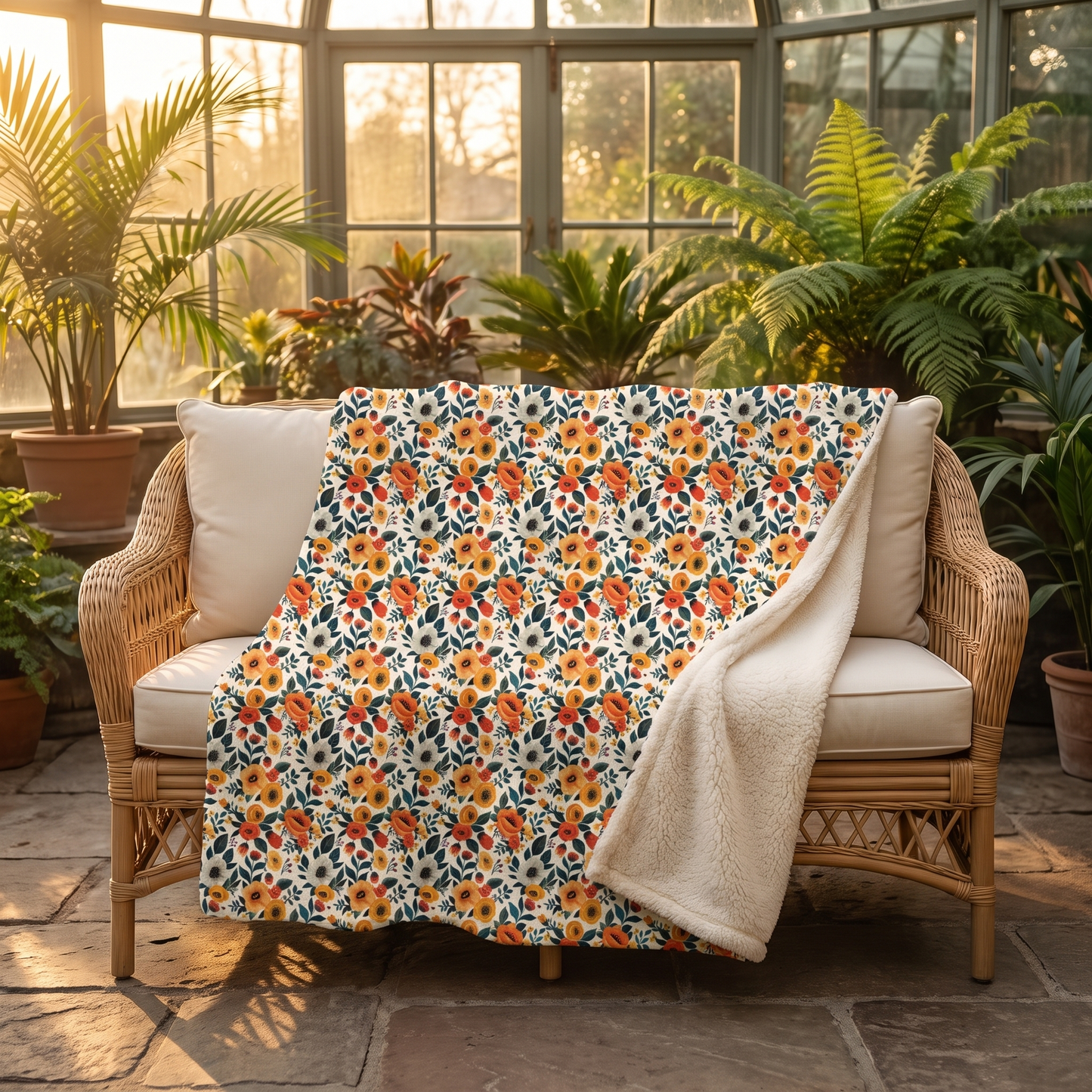 Golden Bloom Harmony sherpa fleece blanket on a wicker settee in a glass conservatory at golden hour