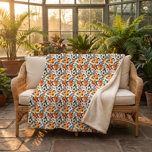 Golden Bloom Harmony sherpa fleece blanket on a wicker settee in a glass conservatory at golden hour