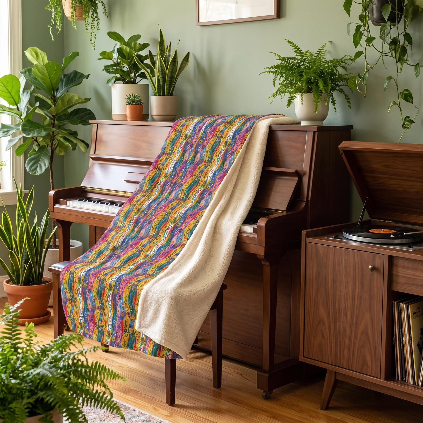 Floral Rhythms sherpa fleece blanket on a piano bench in a plant-filled music room