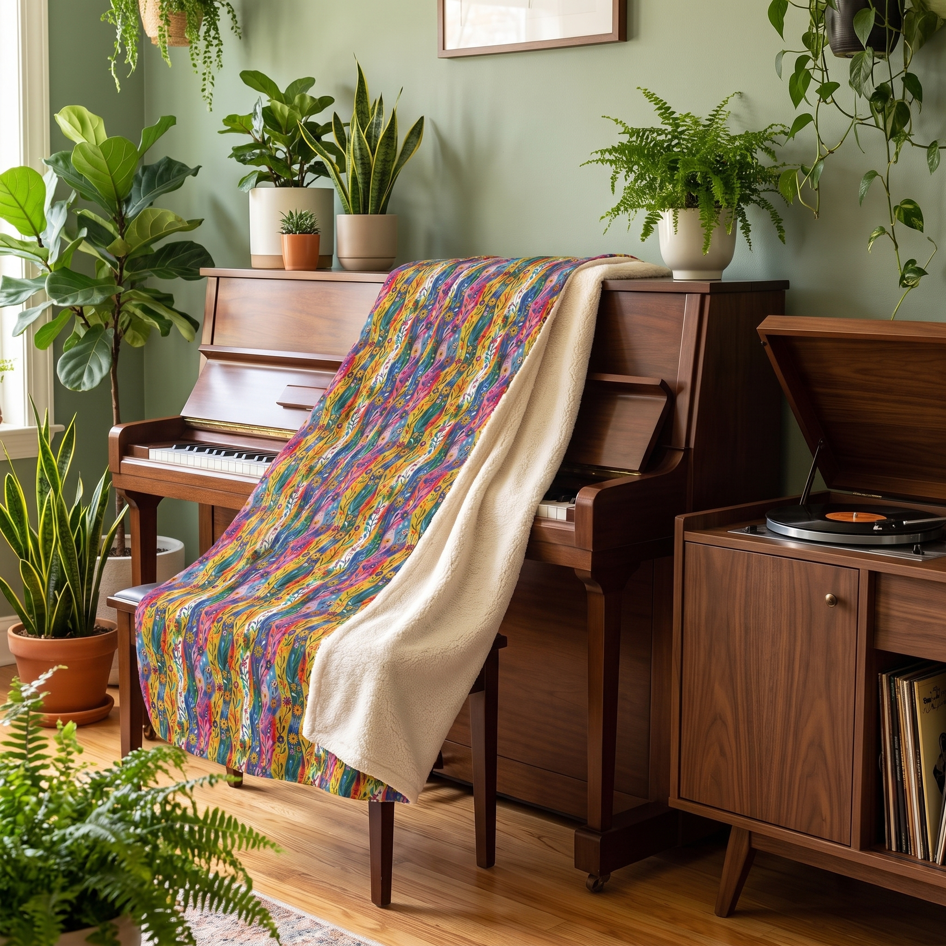 Floral Rhythms sherpa fleece blanket on a piano bench in a plant-filled music room