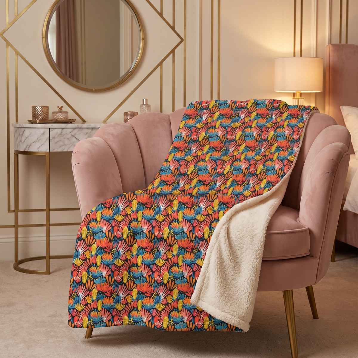 Coral Plume sherpa fleece blanket on a blush velvet chair in an art-deco boudoir