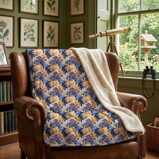 Feathered Fresco Fusion sherpa fleece blanket on a leather reading chair in a birdwatcher's study