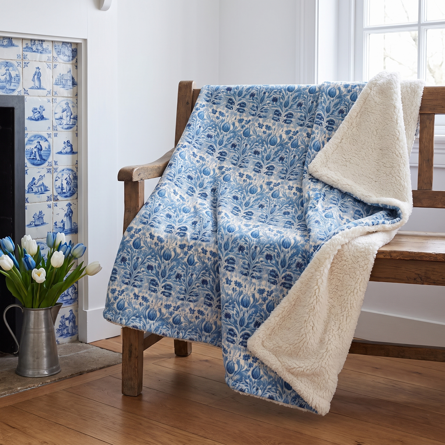 Dutch Blue Tulip sherpa fleece blanket on a farmhouse bench beside a delft-tiled hearth with fresh tulips