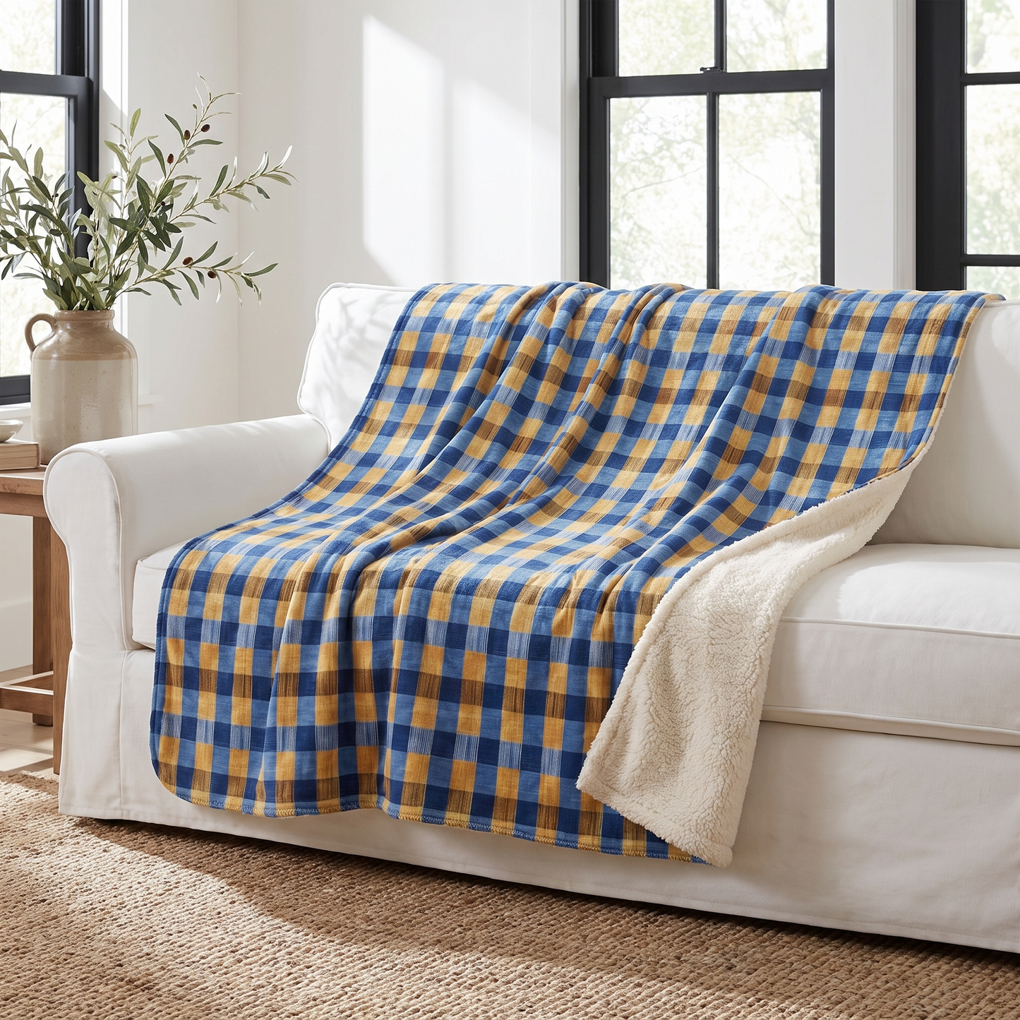 Modern Gingham sherpa fleece blanket on a white slipcovered sofa in a modern farmhouse living room
