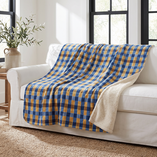 Modern Gingham sherpa fleece blanket on a white slipcovered sofa in a modern farmhouse living room