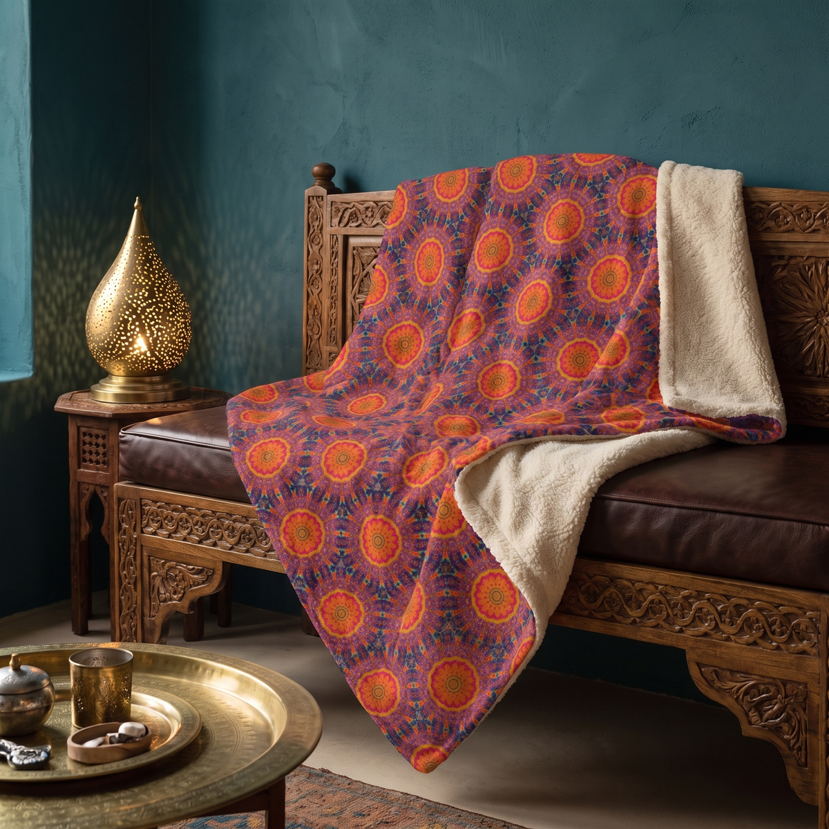 Fiery Mosaic Magic sherpa fleece blanket on a carved bench in a lantern-lit Moroccan lounge