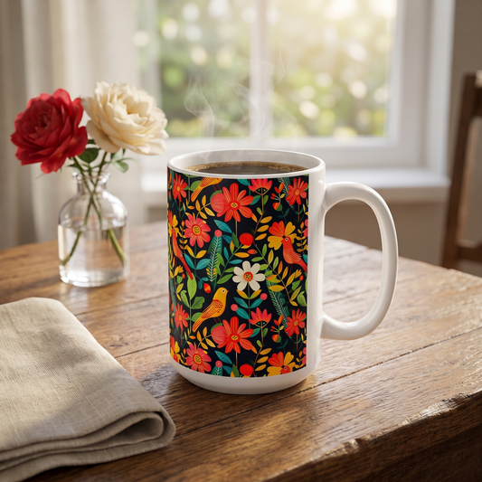 Blooming Bird Wonderland ceramic mug steaming on a breakfast table by a garden window