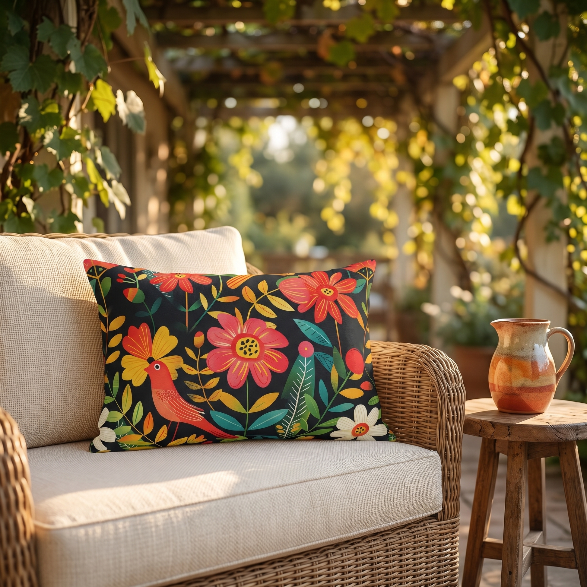 Blooming Bird Wonderland outdoor lumbar pillow on a cream wicker porch sofa under a vine-covered pergola