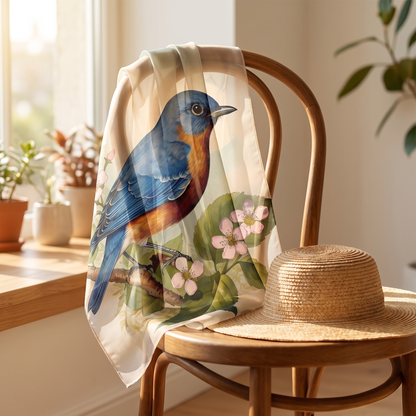 Bluebird Botanical sheer voile scarf draped over a bentwood chair beside a sunlit window with a straw hat