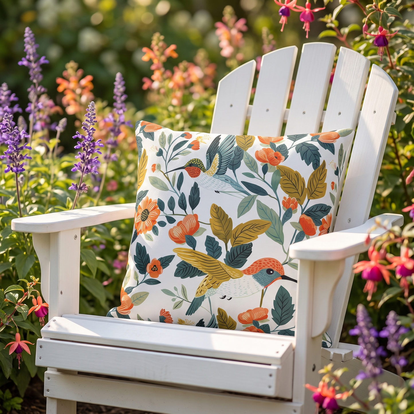 Hummingbird Harmony square outdoor pillow on a white Adirondack chair in a flowering garden