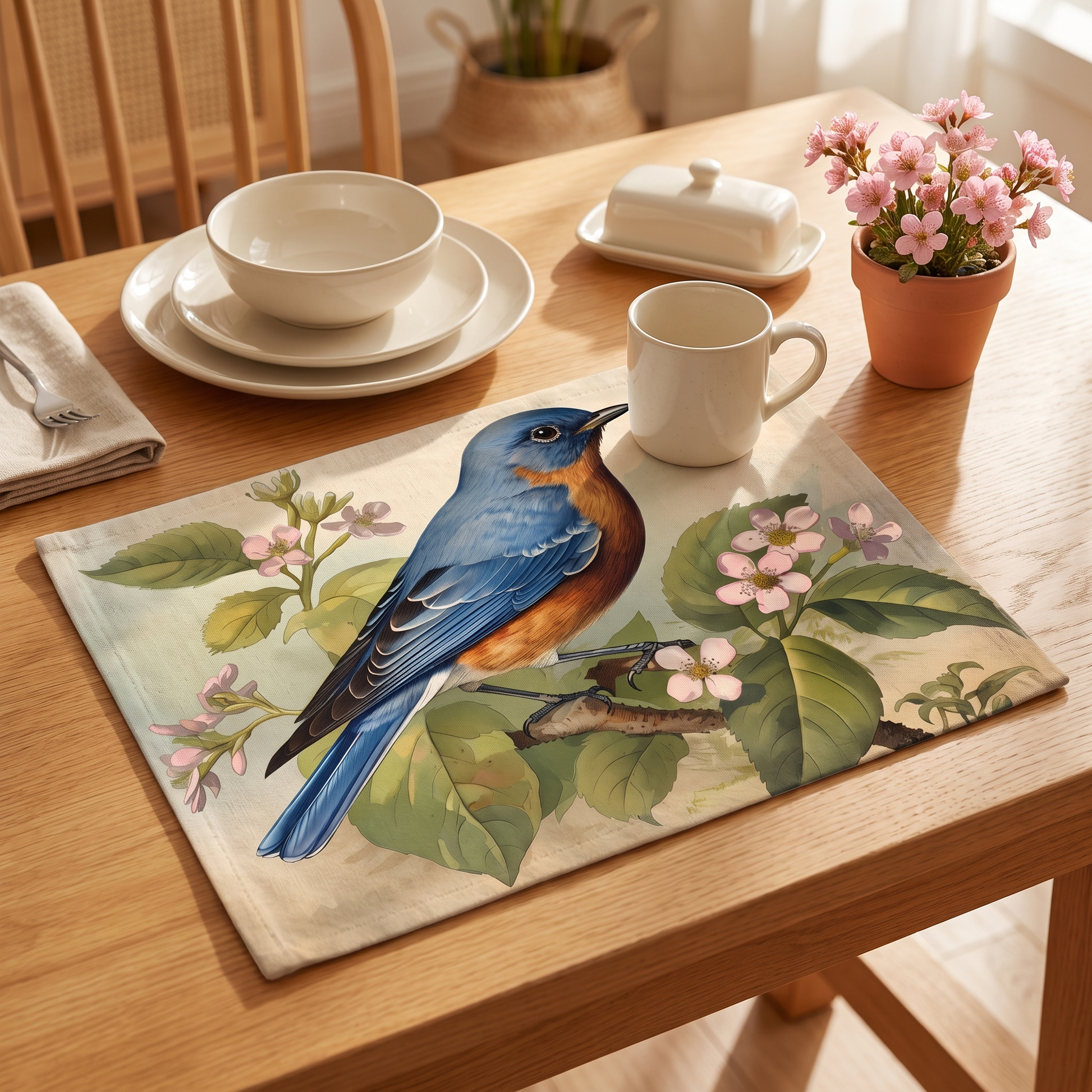 Bluebird Botanical placemat set on a honey-oak breakfast table with cream dishes and pink blossoms