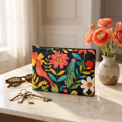 Blooming Bird Wonderland accessory pouch on a marble entry table beside keys, sunglasses, and coral ranunculus