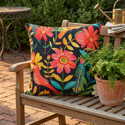 Blooming Bird Wonderland outdoor throw pillow on a weathered teak garden bench in early-evening light