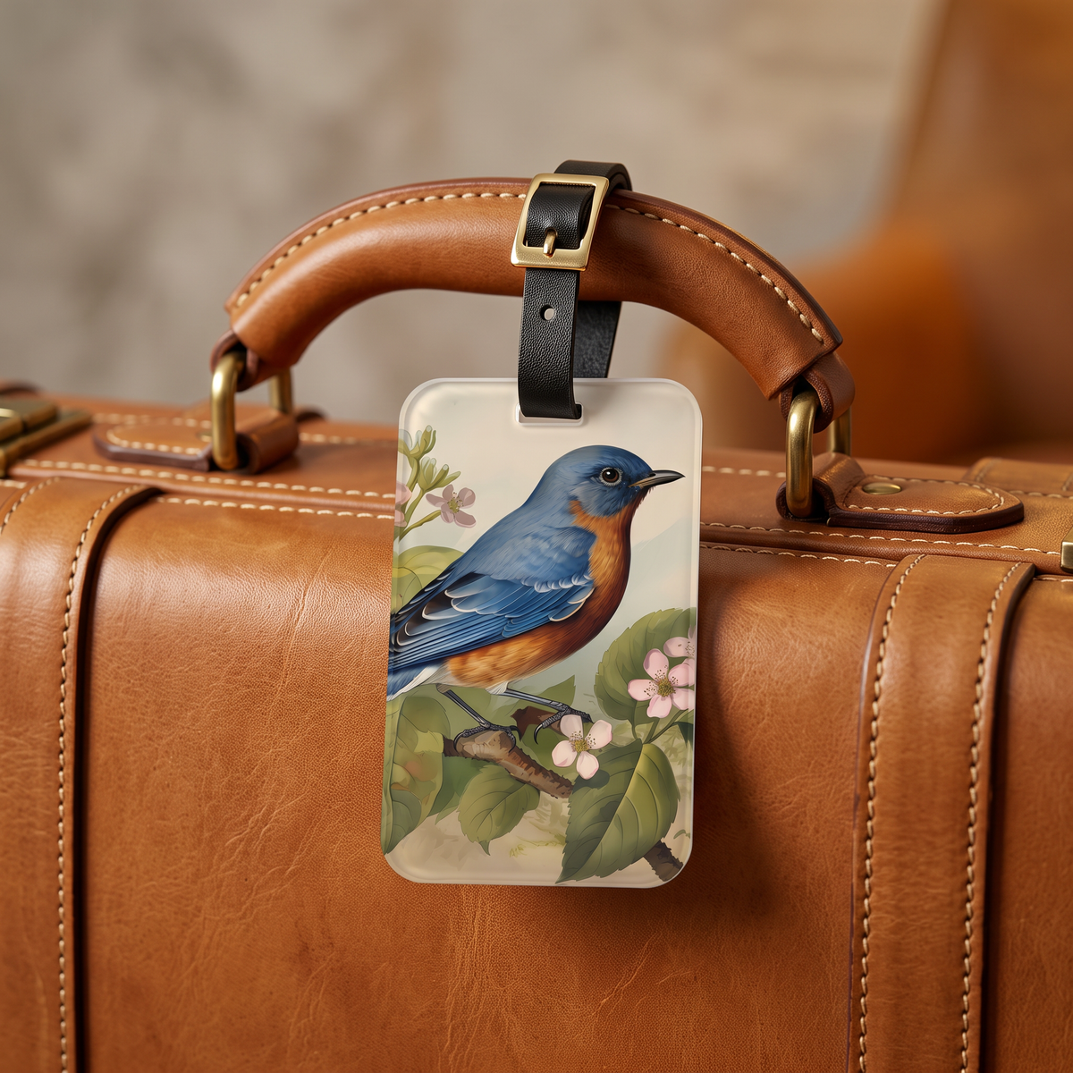 Bluebird Botanical acrylic luggage tag at true size, hanging from the leather handle of a heritage suitcase