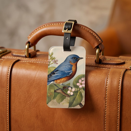 Bluebird Botanical acrylic luggage tag at true size, hanging from the leather handle of a heritage suitcase