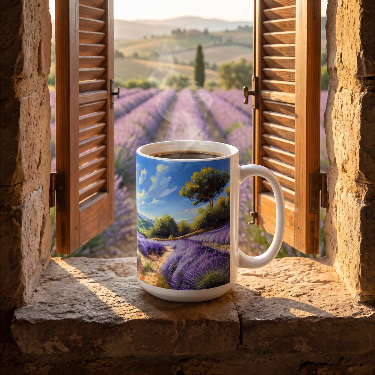 Tuscan Lavender Dreams ceramic mug on a stone farmhouse windowsill over lavender fields
