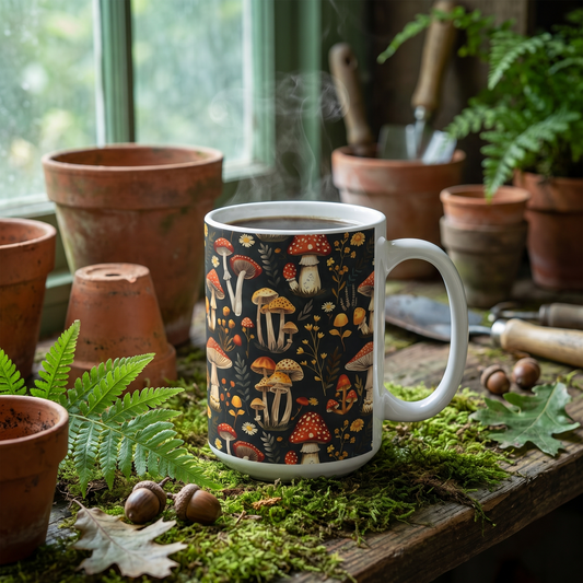 Whimsical Mushroom Forest ceramic mug on a mossy potting-shed bench among terracotta pots