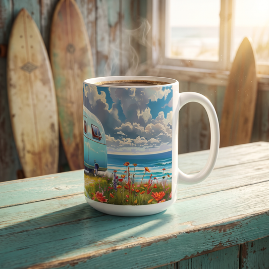 Retro Beach Bliss ceramic mug on a 1960s surf-shack counter with longboards behind