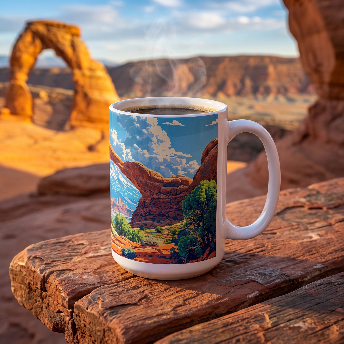 Arches Vista ceramic mug on a red-rock overlook picnic table with sandstone arches behind