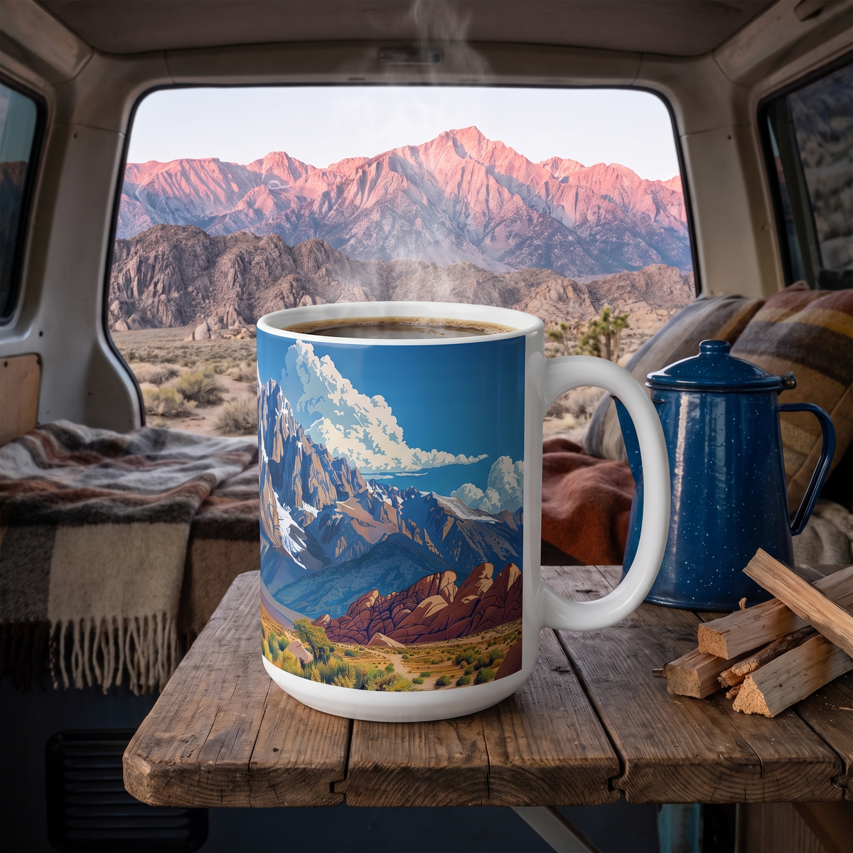 Alabama Hills and Mount Whitney ceramic mug on a campervan tailgate table at dawn