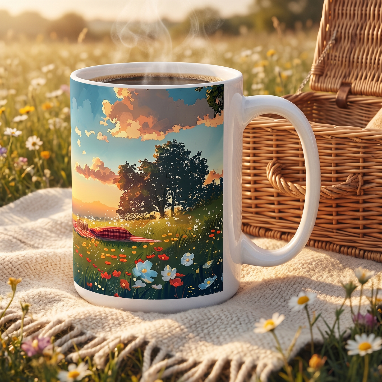 Meadow Picnic ceramic mug on a cream picnic blanket in a wildflower meadow
