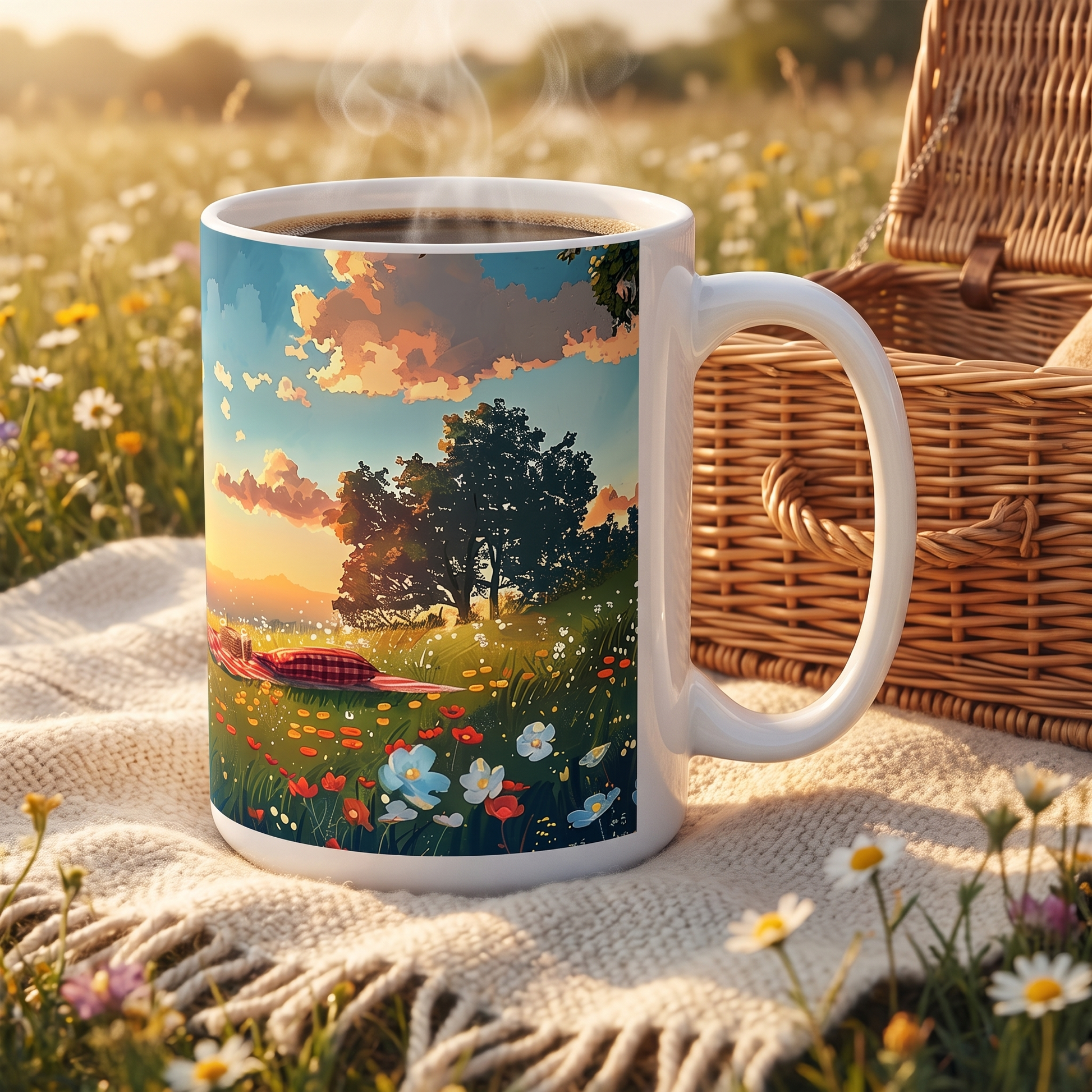 Meadow Picnic ceramic mug on a cream picnic blanket in a wildflower meadow