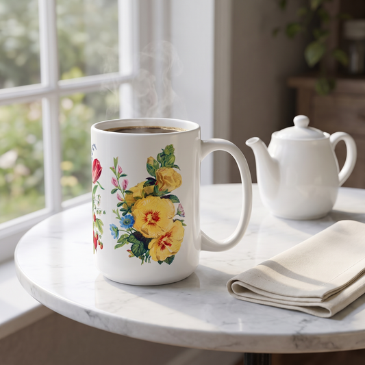 Vintage Floral Collection ceramic mug on a marble bistro table with teapot in soft garden light