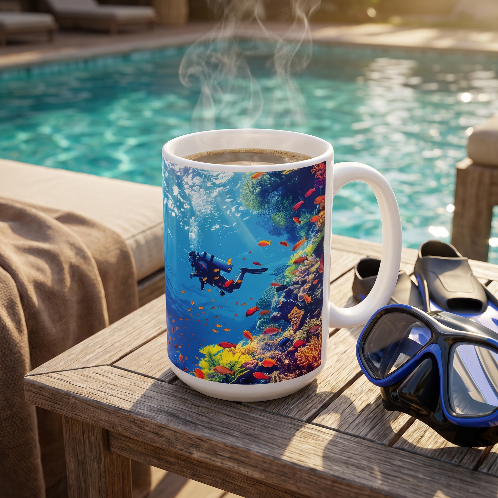 Cozumel Scuba Wonderland ceramic mug on a poolside cabana table with snorkel gear