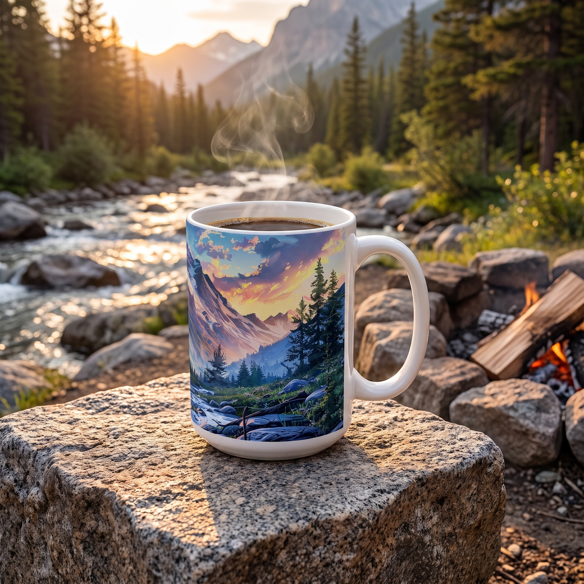 Mountain Creekside Campfire ceramic mug on a granite stone beside a campfire ring and creek