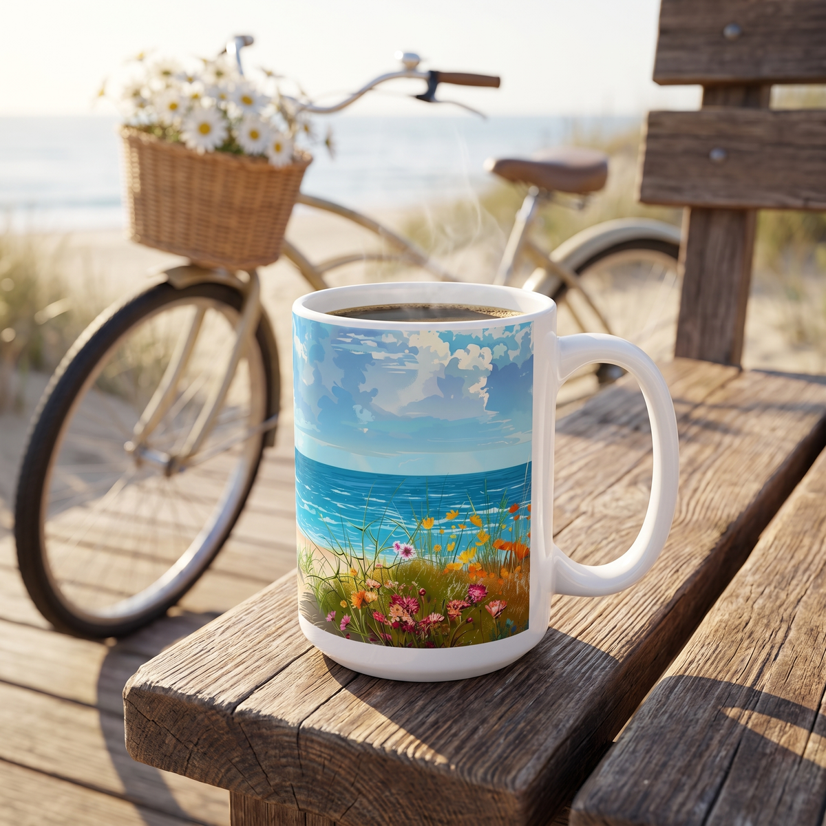 Daisy Beach Rider ceramic mug on a boardwalk bench with a daisy-basket beach cruiser behind
