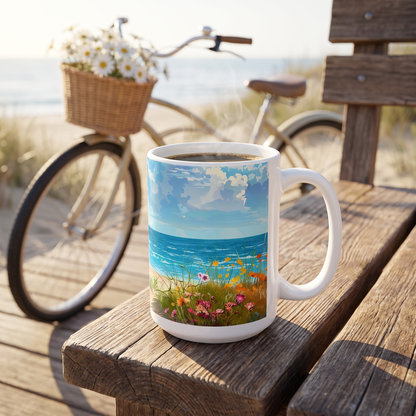 Daisy Beach Rider ceramic mug on a boardwalk bench with a daisy-basket beach cruiser behind