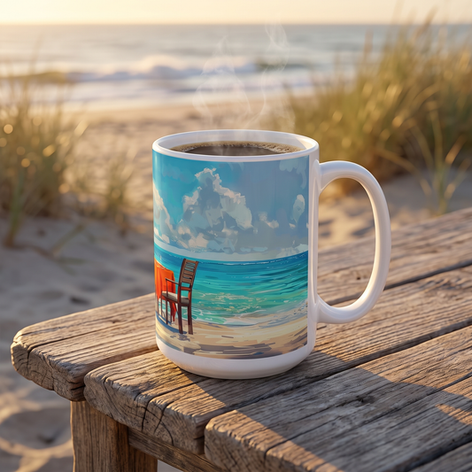 Beachside Dinner Delight ceramic mug on a driftwood table at the shore at golden hour