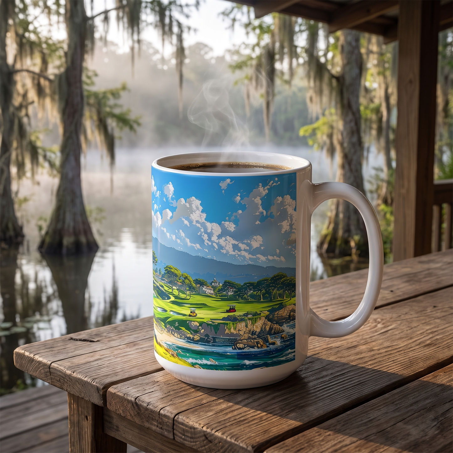 Cypress Shores Retreat ceramic mug on a cypress-shaded porch table over misty water