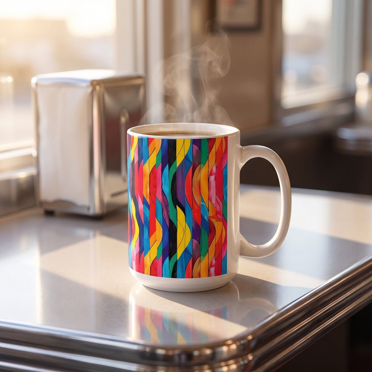 Retro Ripples ceramic mug on a gleaming chrome diner counter in morning light