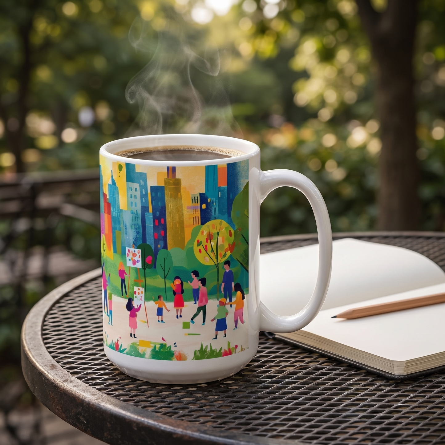 Urban Masterpieces in the Park ceramic mug on a wrought-iron park cafe table with sketchbook
