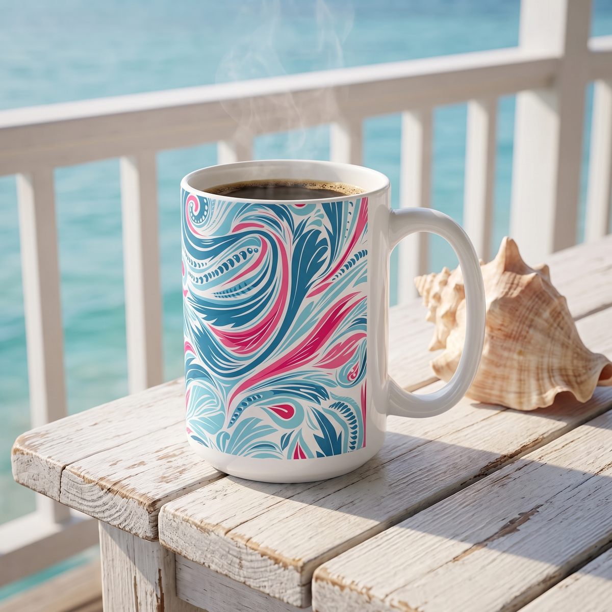 Teal Tide Twirl ceramic mug on a white cottage porch rail with the sea beyond