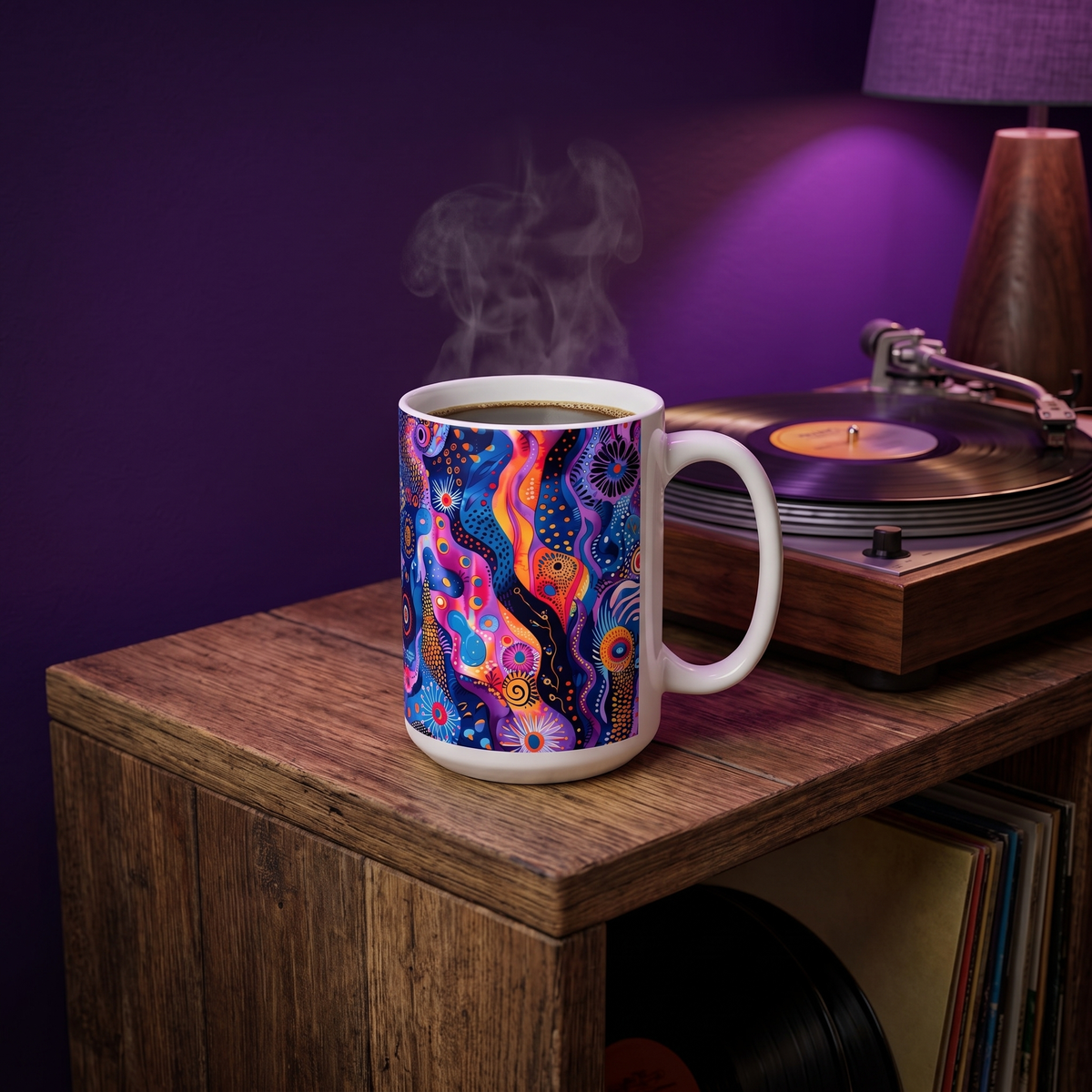 Purple Craziness ceramic mug on a record-nook shelf beside a turntable in violet lamp glow
