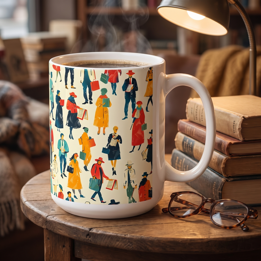 Literary People ceramic mug on a bookshop cafe table beside stacked novels and reading glasses