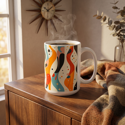 Midcentury Autumn Spacewaves ceramic mug on a walnut credenza beneath a starburst clock