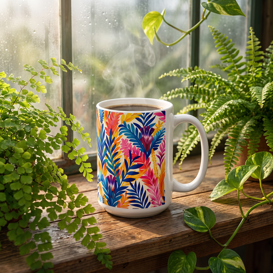 Fern-Tastic Whimsy ceramic mug on a plant-filled windowsill among ferns and pothos
