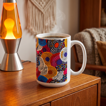 Ethnic Circle Pop ceramic mug on a 1970s teak sideboard beside a glowing lava lamp