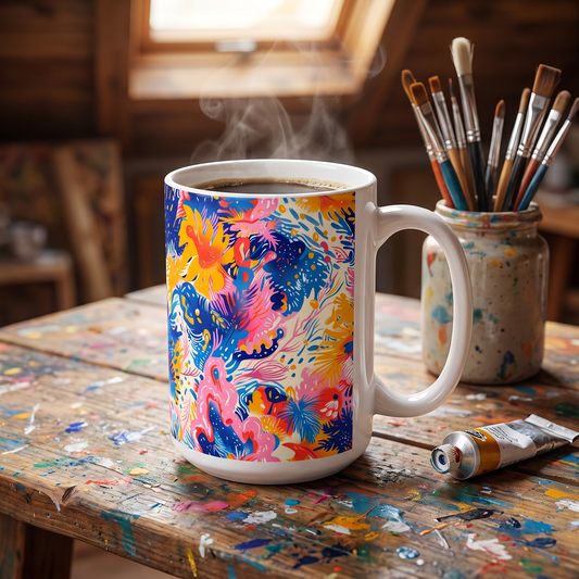 Splatter Blossom ceramic mug on a paint-splattered work table with brushes under a skylight